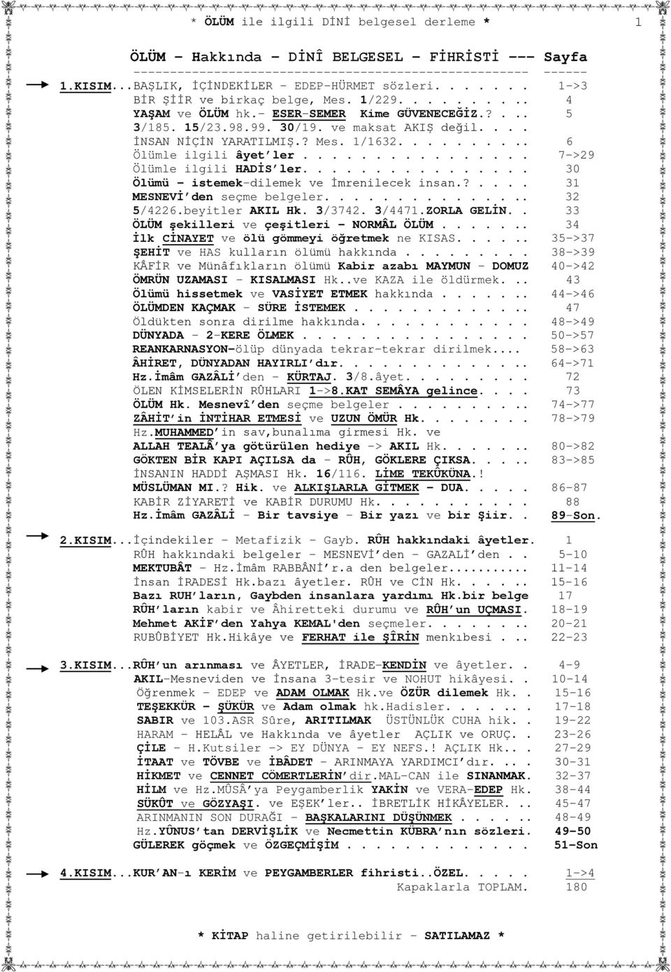 ............... 7->29 Ölümle ilgili HADİS ler................ 30 Ölümü istemek-dilemek ve İmrenilecek insan.?.... 31 MESNEVİ den seçme belgeler............... 32 5/4226.beyitler AKIL Hk. 3/3742.