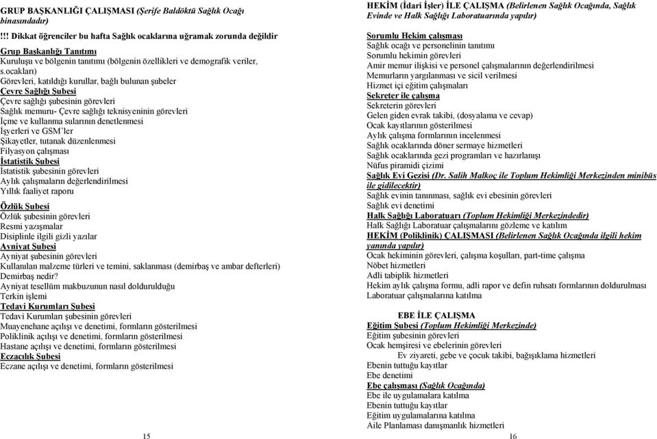 ocakları) Görevleri, katıldığı kurullar, bağlı bulunan şubeler Çevre Sağlığı Şubesi Çevre sağlığı şubesinin görevleri Sağlık memuru- Çevre sağlığı teknisyeninin görevleri İçme ve kullanma sularının