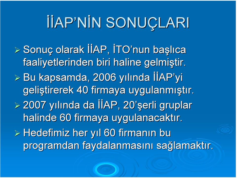 Bu kapsamda, 2006 yılında y İİAP AP yi geliştirerek 40 firmaya uygulanmış ıştır.