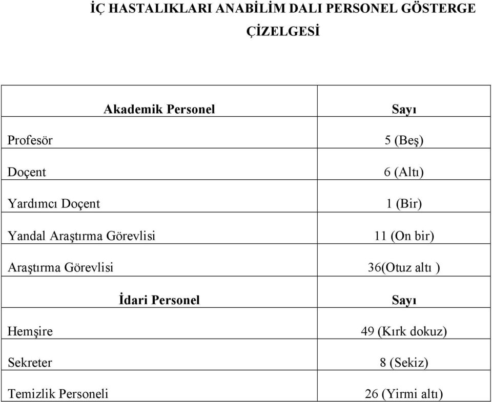 (Altı) 1 (Bir) 11 (On bir) Araştırma Görevlisi 36(Otuz altı ) İdari Personel