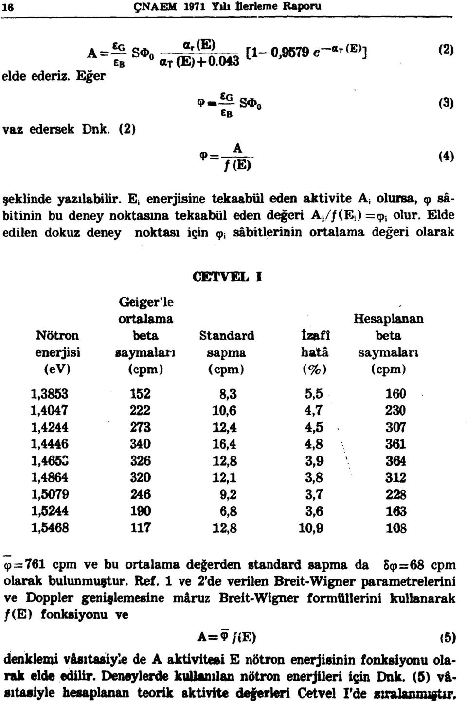 Elde edilen dokuz deney noktası için <p â sabitlerinin ortalama değeri olarak CETVEL I Nötron enerjisi (ev) Geiger'le ortalama beta saymaları (cpm) Standard sapma (cpm) İzafî hatâ (%) Hesaplanan beta