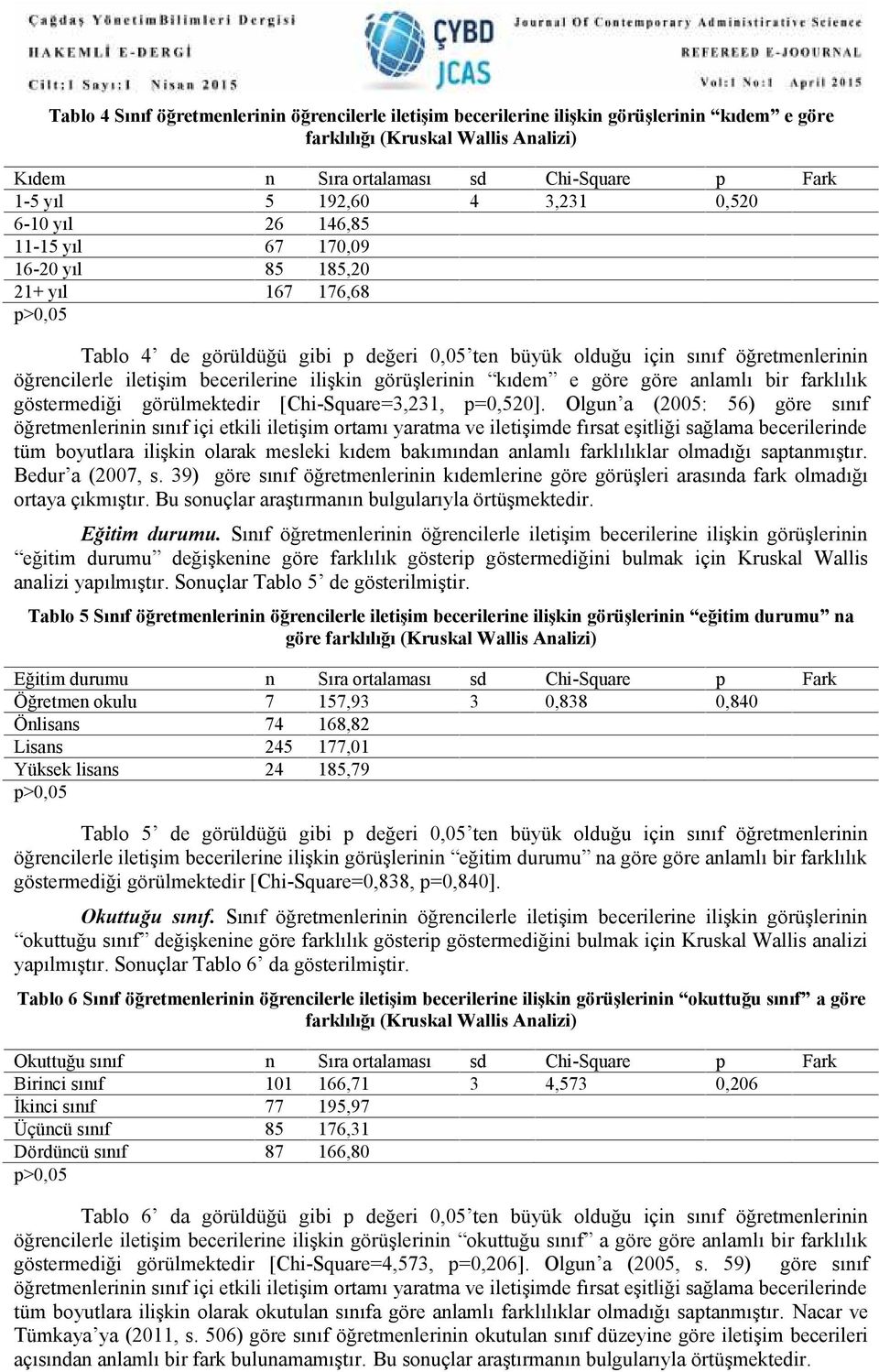 iletişim becerilerine ilişkin görüşlerinin kıdem e göre göre anlamlı bir farklılık göstermediği görülmektedir [Chi-Square=3,231, p=0,520].