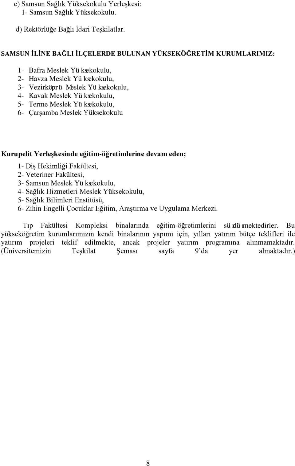 Meslek Yüksekokulu, 6- Çarşamba Meslek Yüksekokulu Kurupelit Yerleşkesinde eğitim-öğretimlerine devam eden; 1- Diş Hekimliği Fakültesi, 2- Veteriner Fakültesi, 3- Samsun Meslek Yüksekokulu, 4- Sağlık