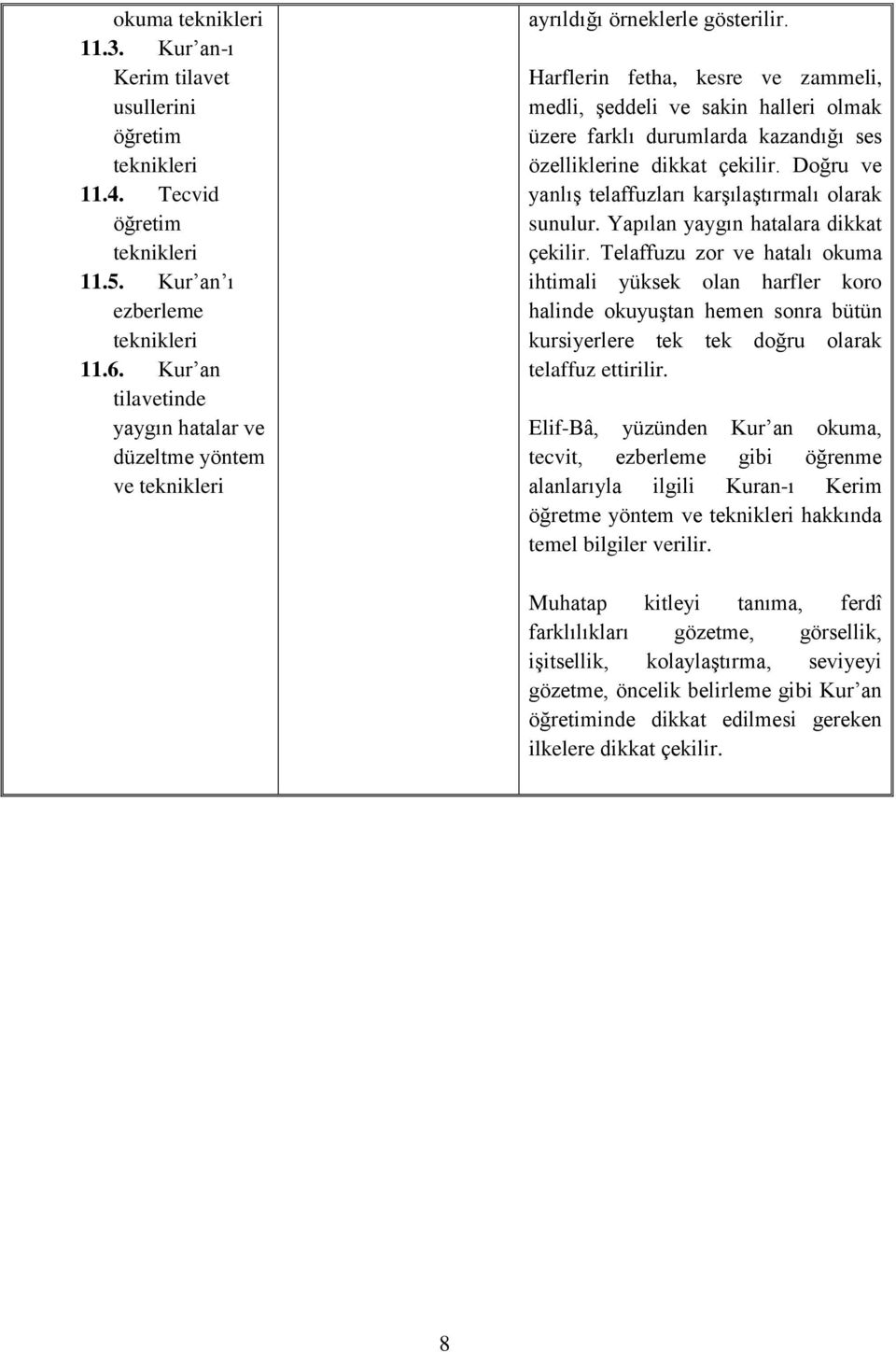 Harflerin fetha, kesre ve zammeli, medli, şeddeli ve sakin halleri olmak üzere farklı durumlarda kazandığı ses özelliklerine dikkat çekilir.