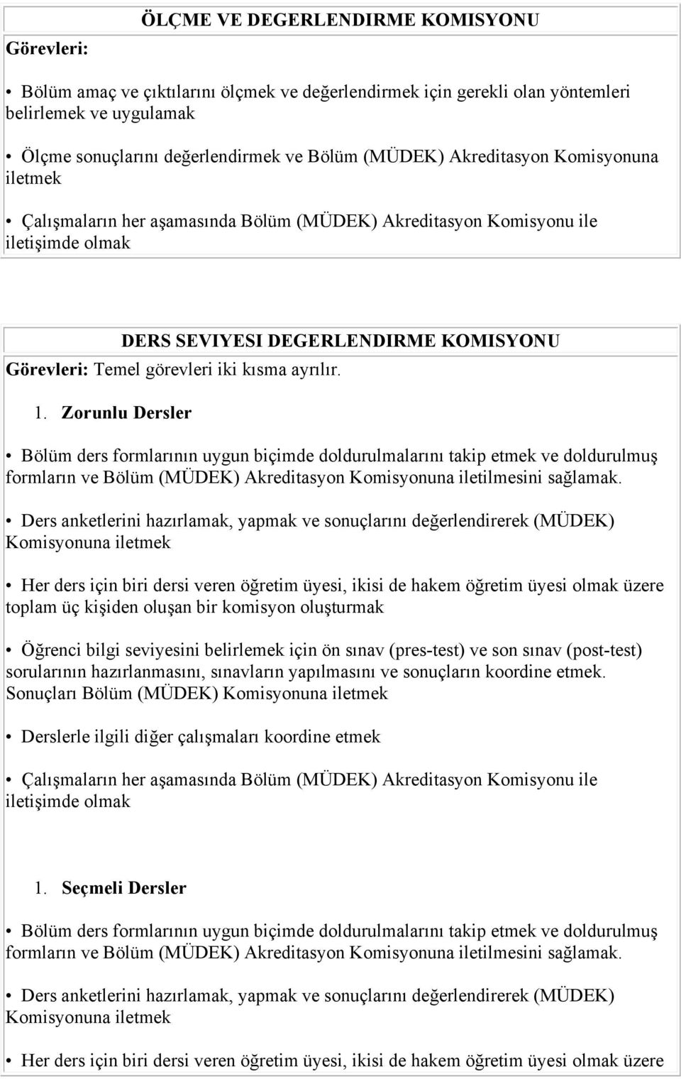 Zorunlu Dersler Bölüm ders formlarının uygun biçimde doldurulmalarını takip etmek ve doldurulmuş formların ve Bölüm (MÜDEK) Akreditasyon Komisyonuna iletilmesini sağlamak.