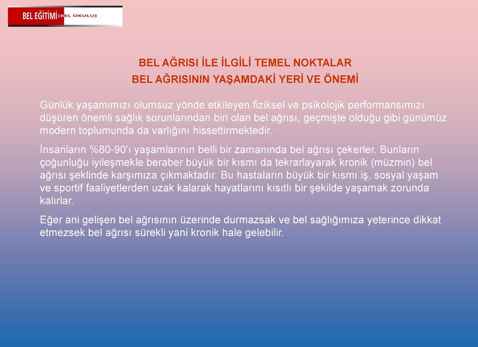 Bunların çoğunluğu iyileşmekle beraber büyük bir kısmı da tekrarlayarak kronik (müzmin) bel ağrısı şeklinde karşımıza çıkmaktadır.