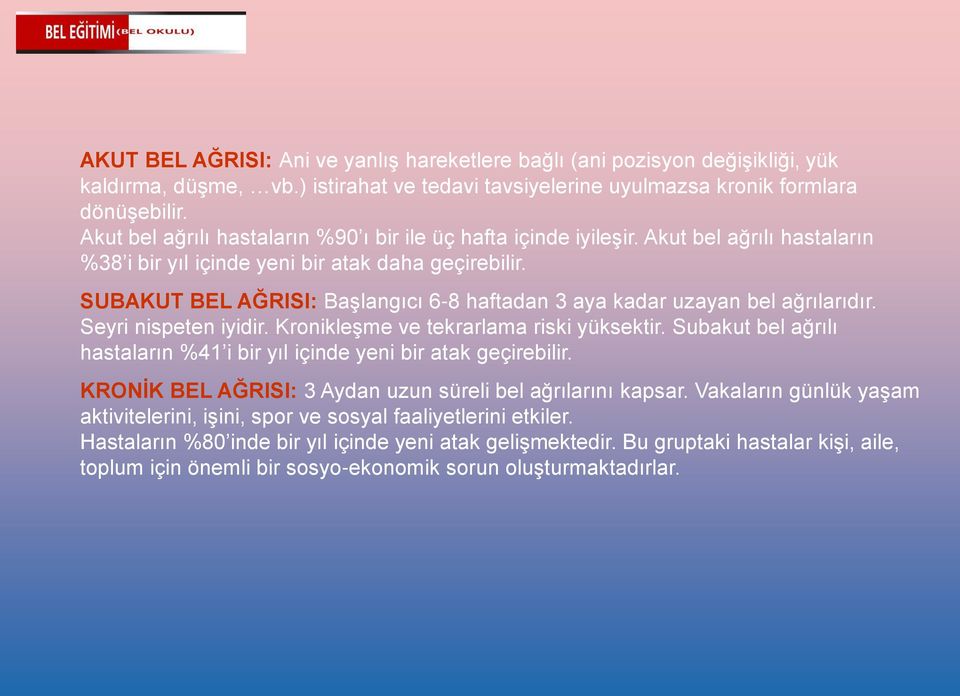 SUBAKUT BEL AĞRISI: Başlangıcı 6-8 haftadan 3 aya kadar uzayan bel ağrılarıdır. Seyri nispeten iyidir. Kronikleşme ve tekrarlama riski yüksektir.