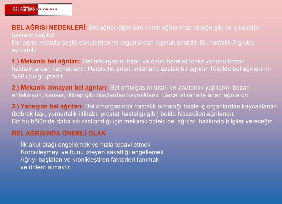 Klinikte bel ağrılarının %90 ı bu gruptadır. 2.) Mekanik olmayan bel ağrıları: Bel omurgasını tutan ve anatomik yapılarını bozan enfeksiyon, kanser, iltihap gibi olaylardan kaynaklanır.