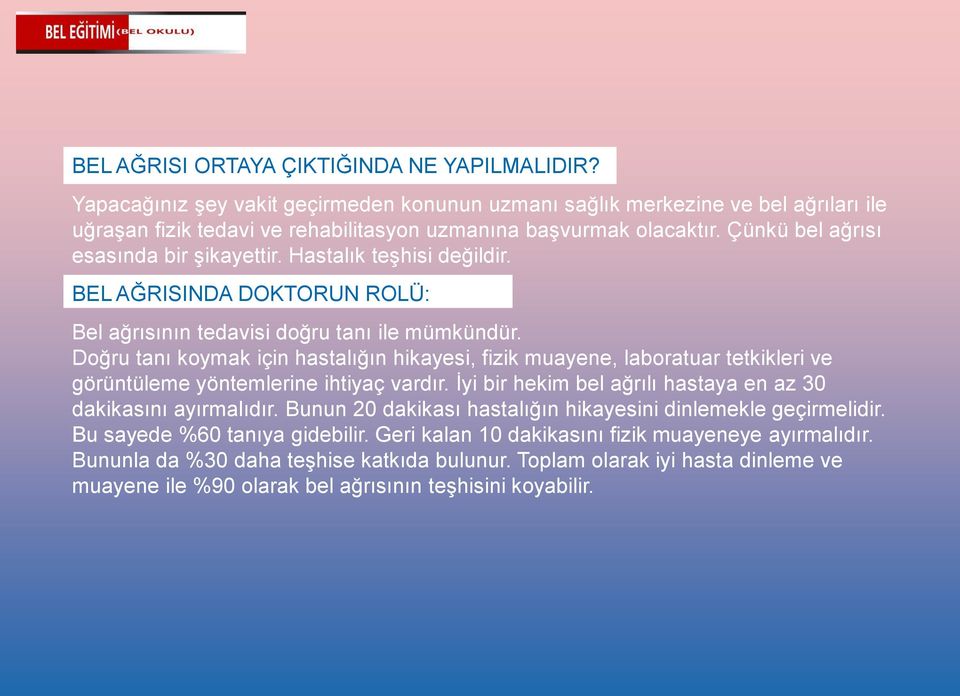 Doğru tanı koymak için hastalığın hikayesi, fizik muayene, laboratuar tetkikleri ve görüntüleme yöntemlerine ihtiyaç vardır. İyi bir hekim bel ağrılı hastaya en az 30 dakikasını ayırmalıdır.