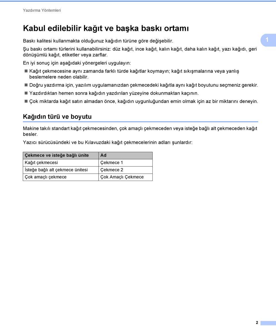 En iyi sonuç için aşağıdaki yönergeleri uygulayın: Kağıt çekmecesine aynı zamanda farklı türde kağıtlar koymayın; kağıt sıkışmalarına veya yanlış beslemelere neden olabilir.