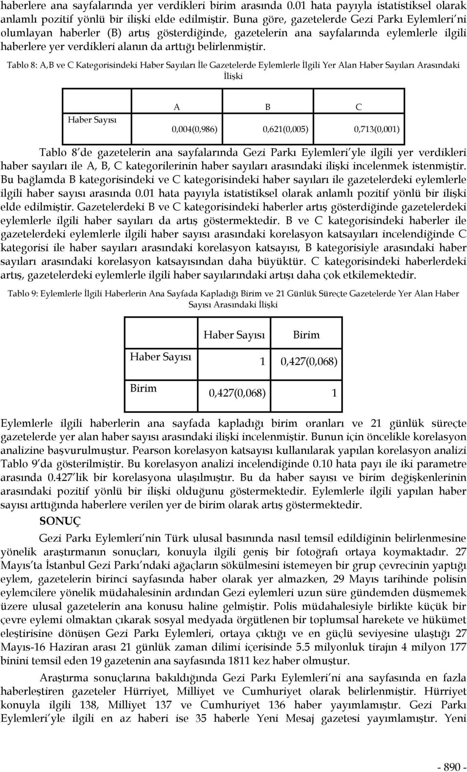 Tablo 8: A,B ve C Kategorisindeki Haber Sayıları İle Gazetelerde Eylemlerle İlgili Yer Alan Haber Sayıları Arasındaki İlişki Haber Sayısı A B C 0,004(0,986) 0,621(0,005) 0,713(0,001) Tablo 8 de