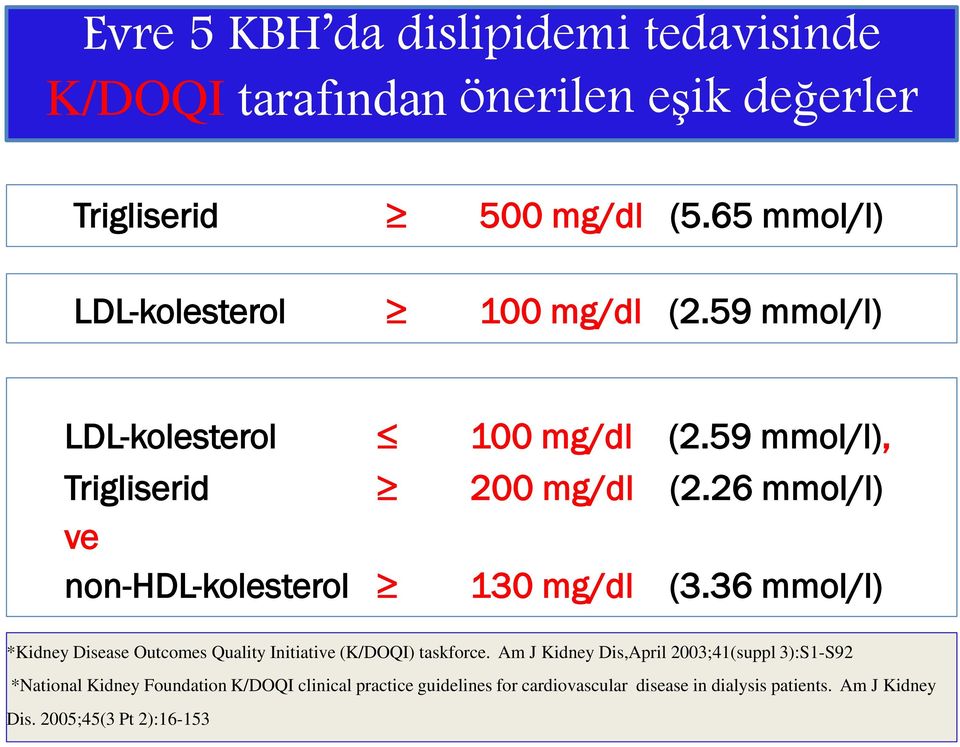 26 mmol/l) ve non-hdl-kolesterol 130 mg/dl (3.36 mmol/l) *Kidney Disease Outcomes Quality Initiative (K/DOQI) taskforce.