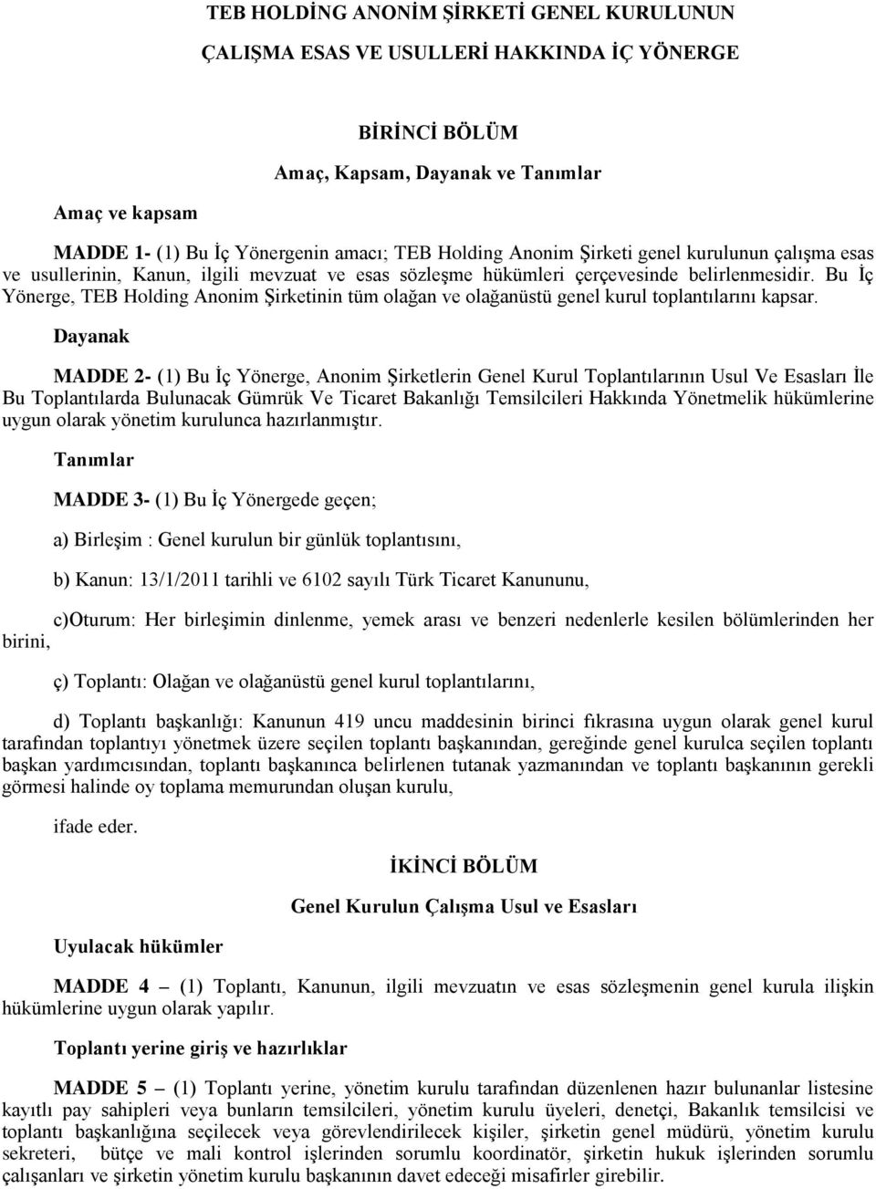 Bu İç Yönerge, TEB Holding Anonim Şirketinin tüm olağan ve olağanüstü genel kurul toplantılarını kapsar.