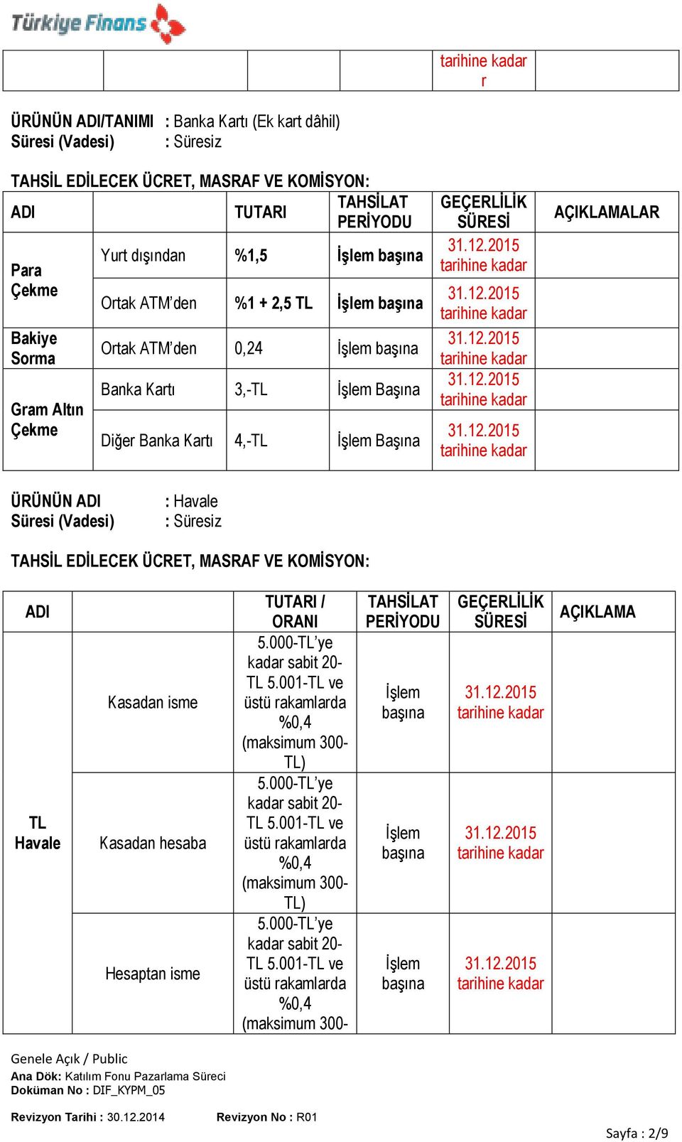 Baka Kartı 4,- Başıa LAR ÜRÜNÜN Süresi (Vadesi) : : Süresiz Kasada isme Kasada hesaba isme / ORANI