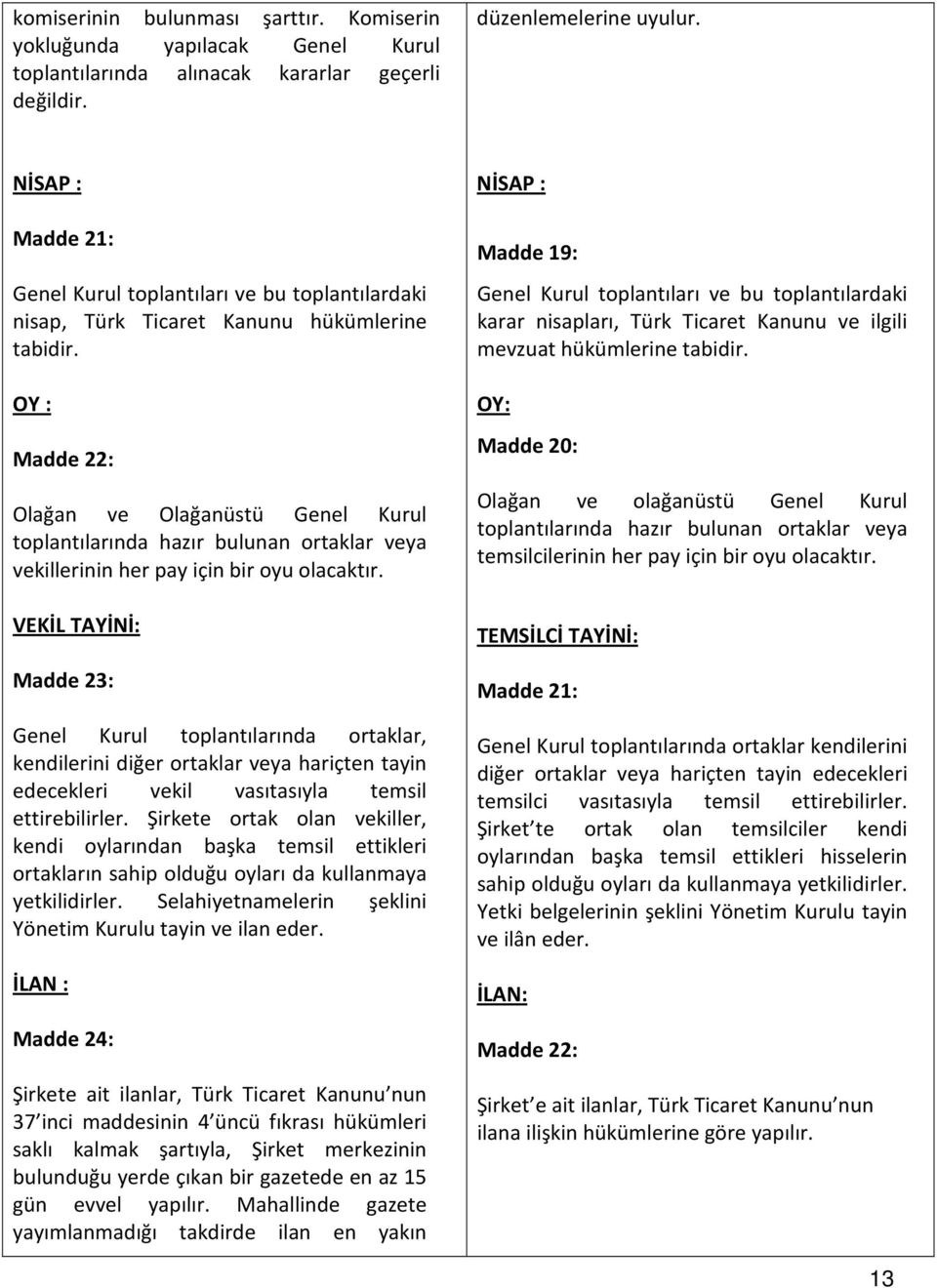 OY : Madde 22: Olağan ve Olağanüstü Genel Kurul toplantılarında hazır bulunan ortaklar veya vekillerinin her pay için bir oyu olacaktır.