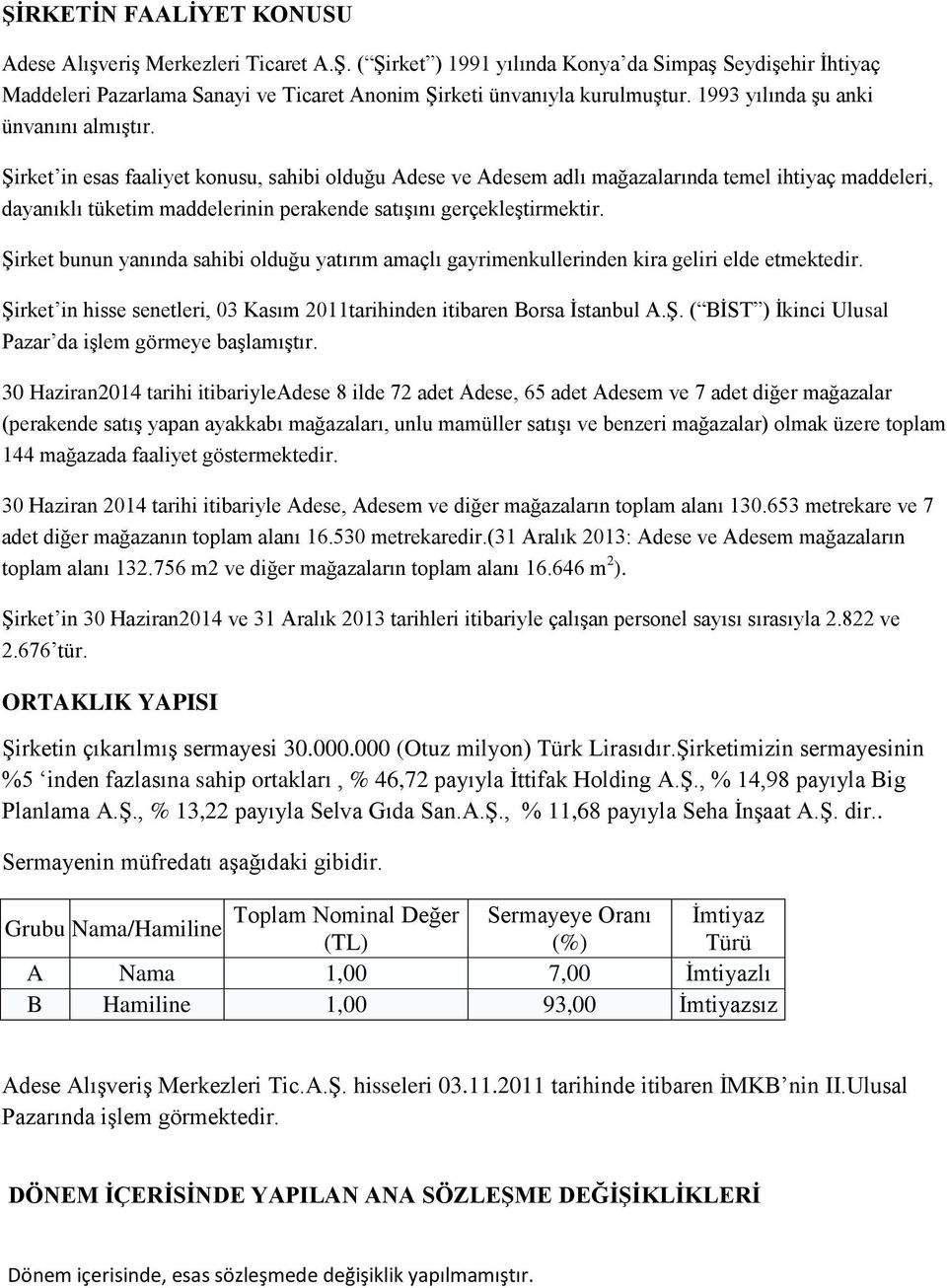 ġirket in esas faaliyet konusu, sahibi olduğu Adese ve Adesem adlı mağazalarında temel ihtiyaç maddeleri, dayanıklı tüketim maddelerinin perakende satıģını gerçekleģtirmektir.