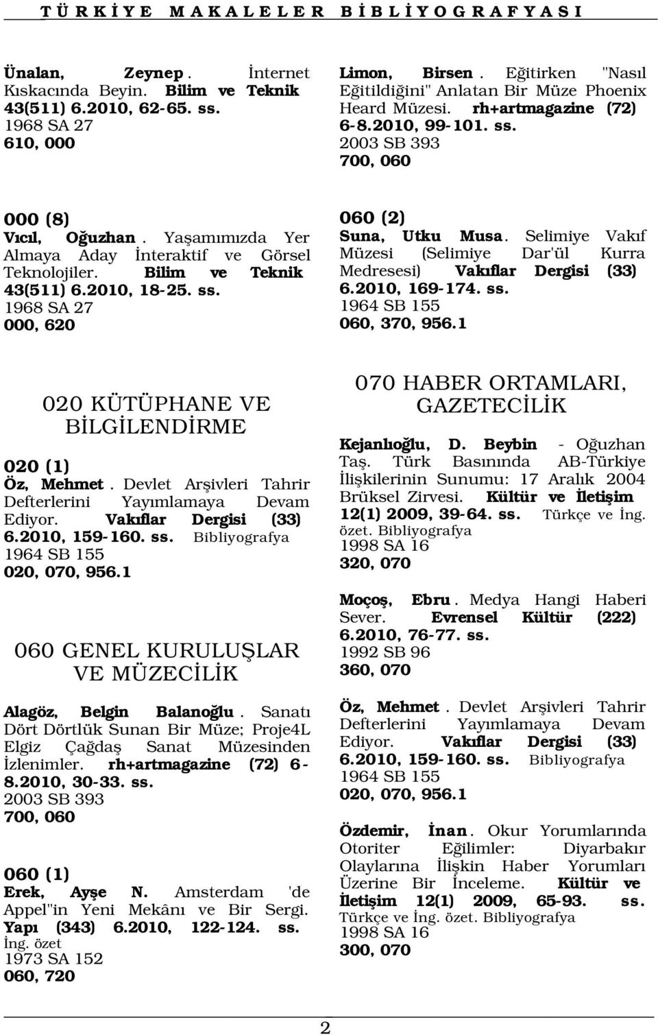 Bilim ve Teknik 43(511) 6.2010, 18-25. ss. 1968 SA 27 000, 620 060 (2) Suna, Utku Musa. Selimiye Vak f Müzesi (Selimiye Dar'ül Kurra Medresesi) Vak flar Dergisi (33) 6.2010, 169-174. ss. 1964 SB 155 060, 370, 956.