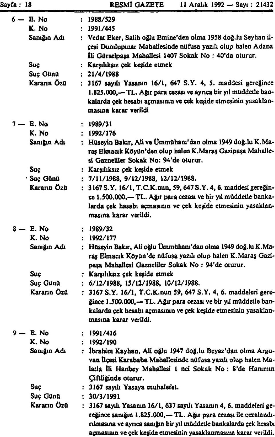 Suç : Karşılıksız çek keşide etmek Suç Günü : 21/4/1988 Kararın özü : 3167 sayılı Yasanın 16/1, 647 S.Y. 4, 5. maddesi gereğince 1.825.000, TL.