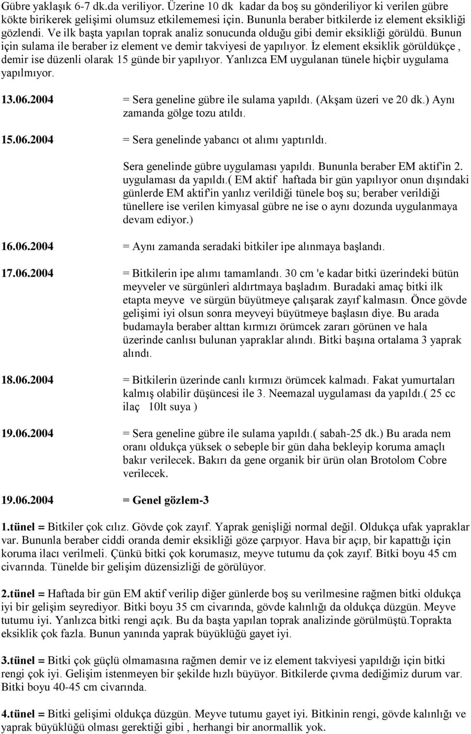 Bunun için sulama ile beraber iz element ve demir takviyesi de yapılıyor. İz element eksiklik görüldükçe, demir ise düzenli olarak 15 günde bir yapılıyor.