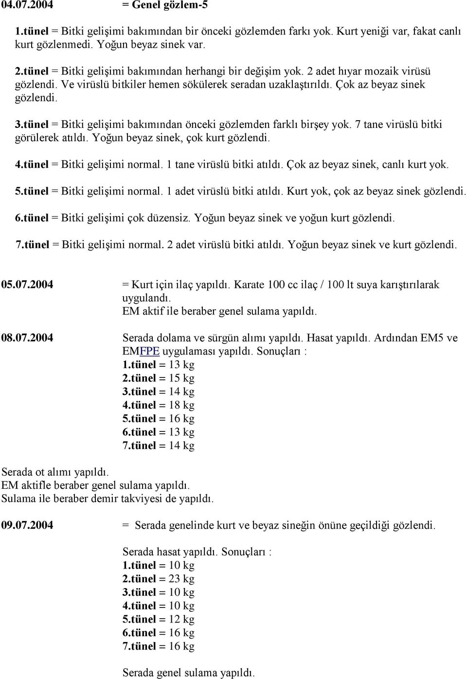 tünel = Bitki gelişimi bakımından önceki gözlemden farklı birşey yok. 7 tane virüslü bitki görülerek atıldı. Yoğun beyaz sinek, çok kurt gözlendi. 4.tünel = Bitki gelişimi normal.