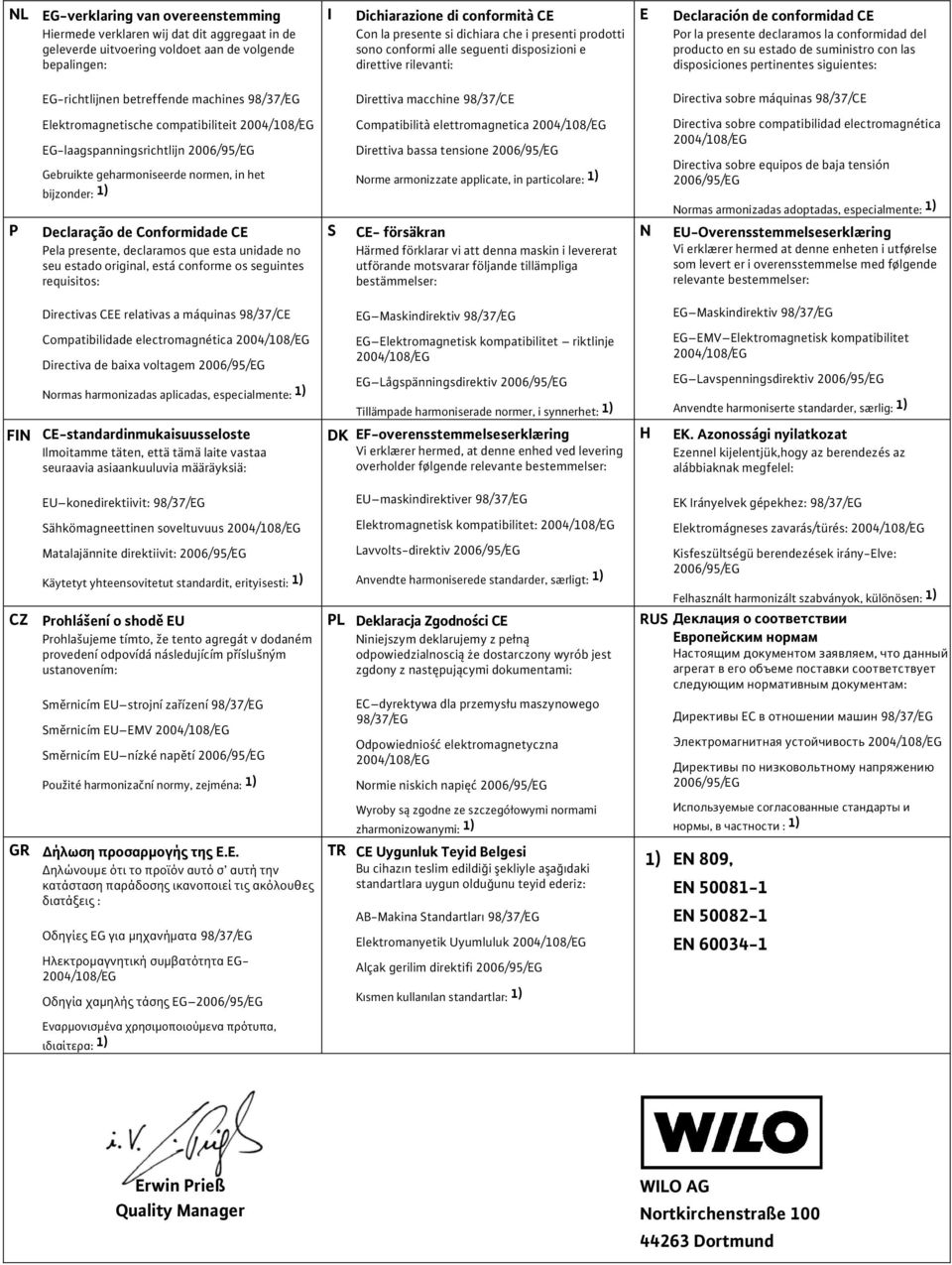 suministro con las disposiciones pertinentes siguientes: EG-richtlijnen betreffende machines 98/37/EG Direttiva macchine 98/37/CE Directiva sobre máquinas 98/37/CE P Elektromagnetische