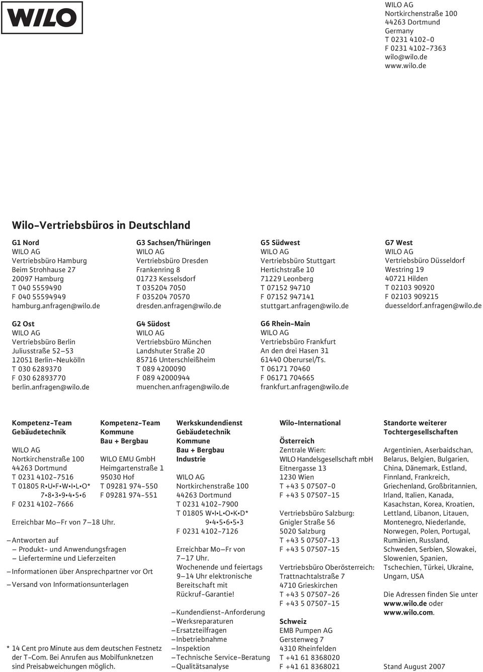 de G3 Sachsen/Thüringen Vertriebsbüro Dresden Frankenring 8 01723 Kesselsdorf T 035204 7050 F 035204 70570 dresden.anfragen@wilo.