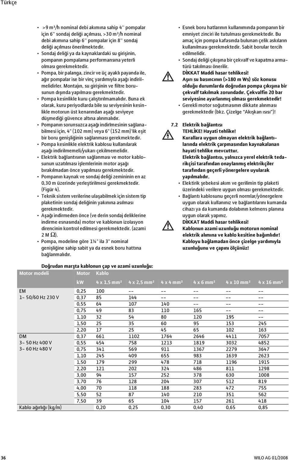 Pompa, bir palanga, zincir ve üç ayaklı payanda ile, ağır pompalar ise bir vinç yardımıyla aşağı indirilmelidirler. Montajın, su girişinin ve filtre borusunun dışında yapılması gerekmektedir.