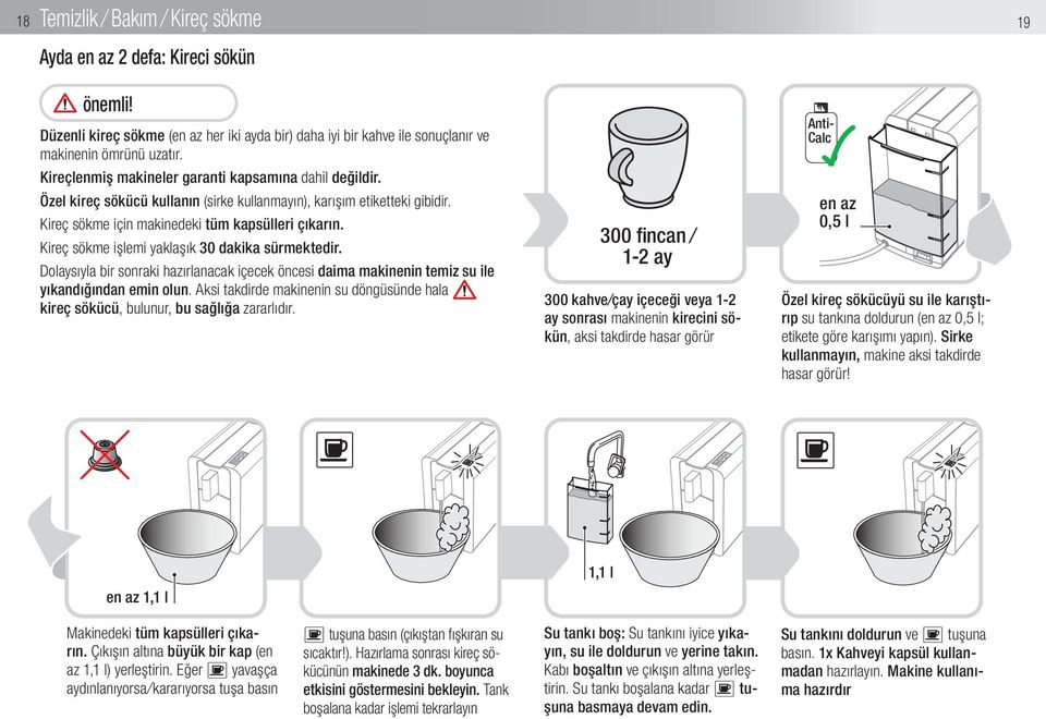 Kireç sökme işlemi yaklaşık 30 dakika sürmektedir. Dolaysıyla bir sonraki hazırlanacak içecek öncesi daima makinenin temiz su ile yıkandığından emin olun.