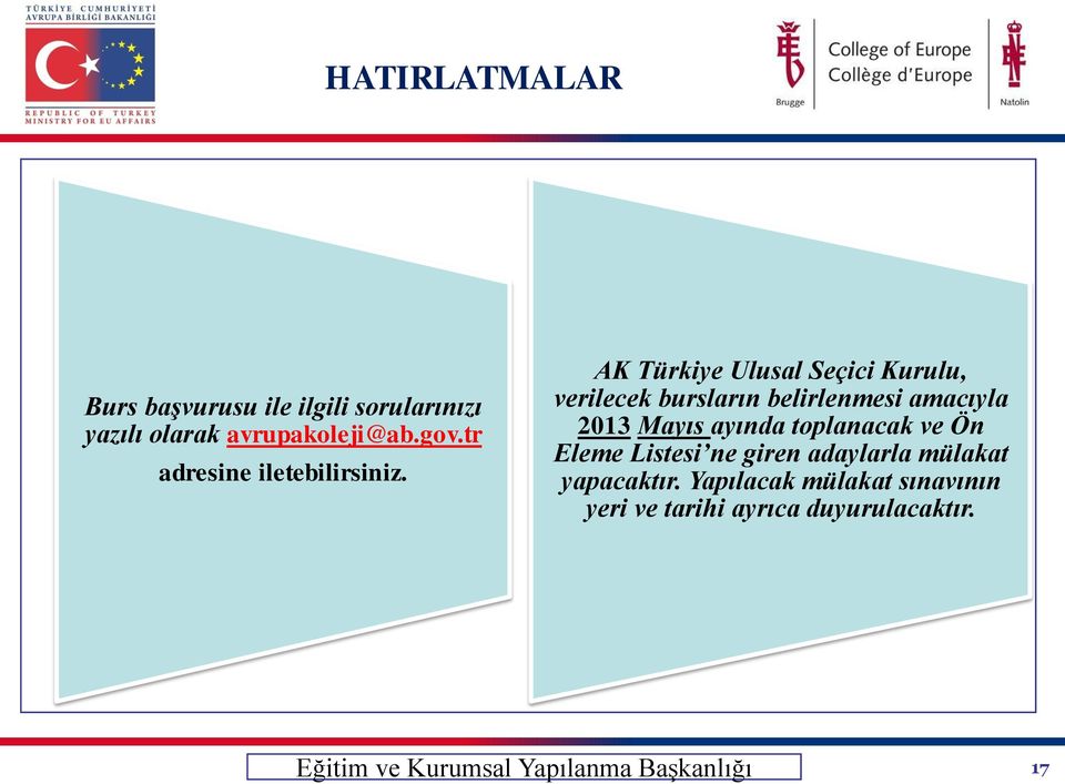 AK Türkiye Ulusal Seçici Kurulu, verilecek bursların belirlenmesi amacıyla 2013 Mayıs