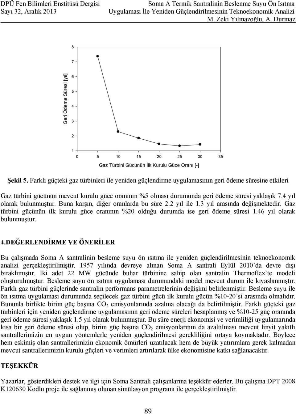 4 yıl olarak bulunmuştur. Buna karşın, diğer oranlarda bu süre 2.2 yıl ile 1.3 yıl arasında değişmektedir. Gaz türbini gücünün ilk kurulu güce oranının %20 olduğu durumda ise geri ödeme süresi 1.