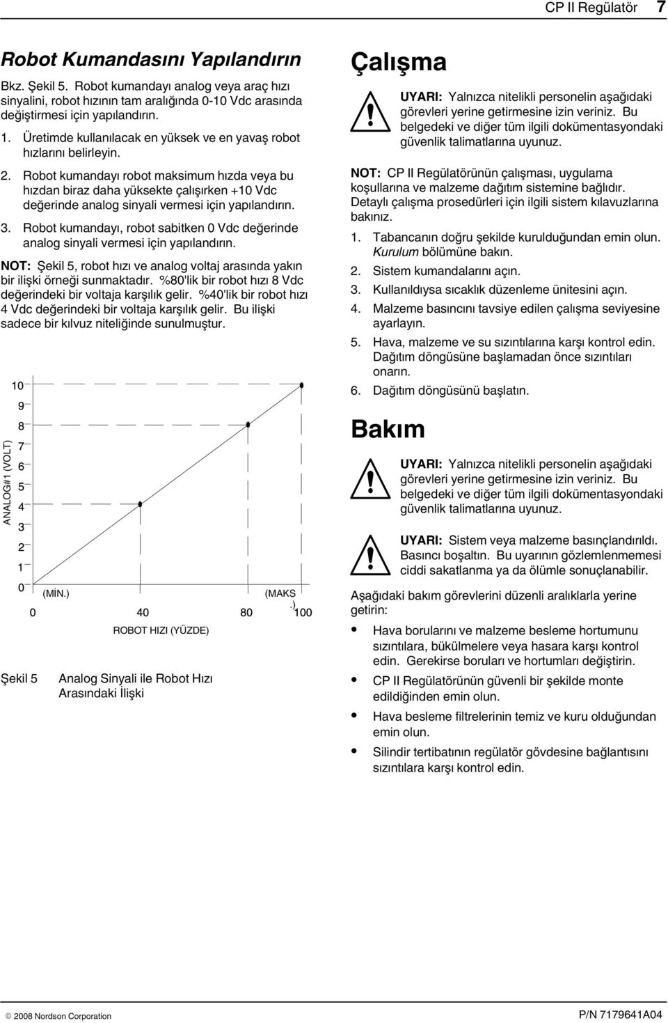 . Robot kumandayı robot maksimum hızda veya bu hızdan biraz daha yüksekte çalışırken +0 Vdc değerinde analog sinyali vermesi için yapılandırın. 3.