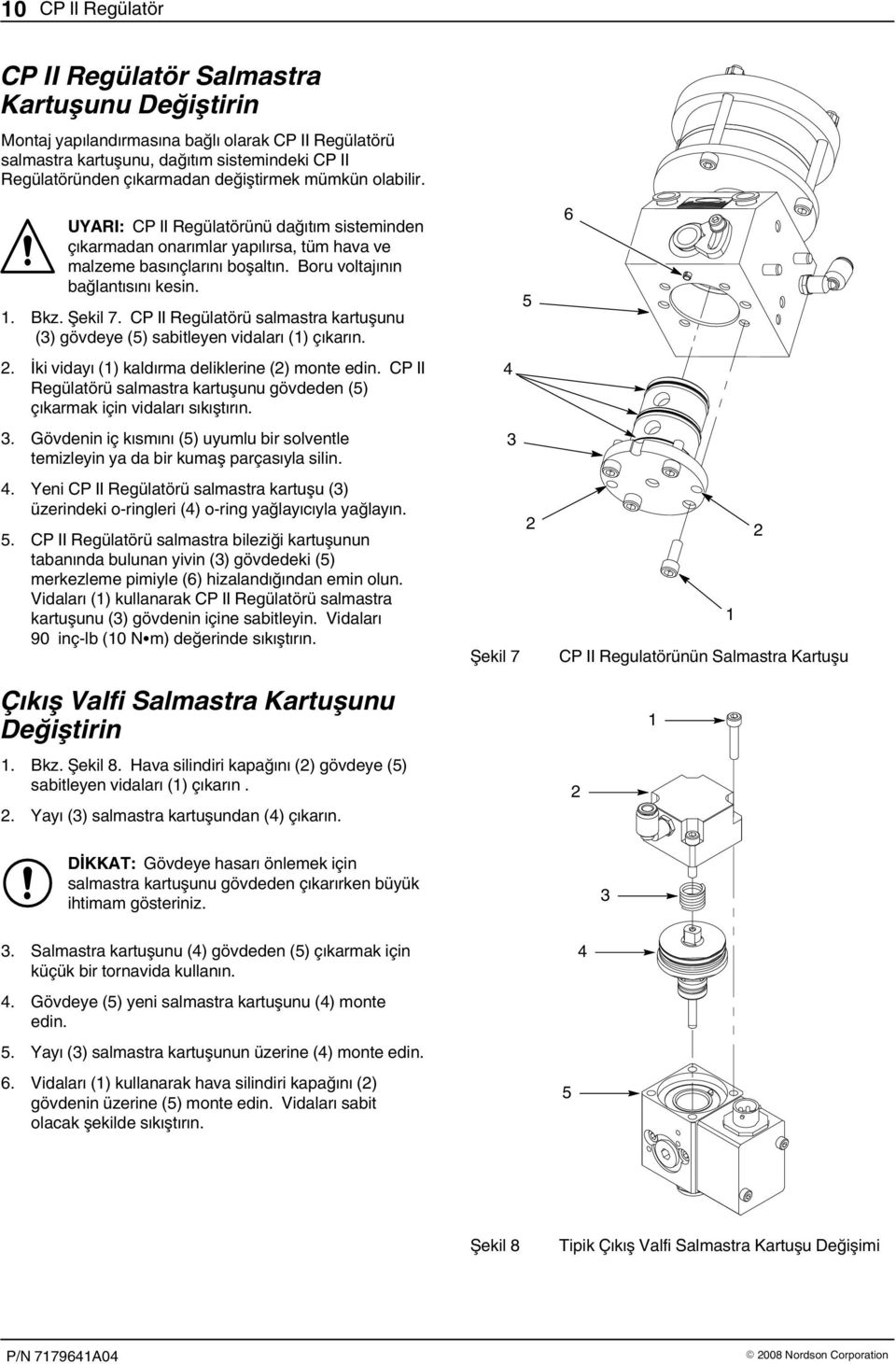 CP II Regülatörü salmastra kartuşunu (3) gövdeye (5) sabitleyen vidaları () çıkarın.. İki vidayı () kaldırma deliklerine () monte edin.