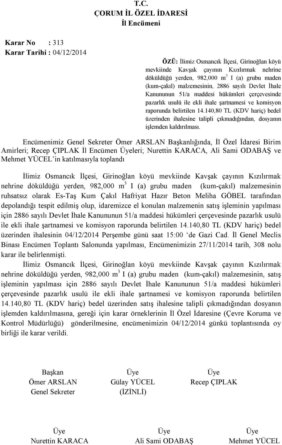 140,80 TL (KDV hariç) bedel üzerinden ihalesine talipli çıkmadığından, dosyanın işlemden kaldırılması.