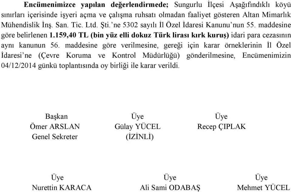 159,40 TL (bin yüz elli dokuz Türk lirası kırk kuruş) idari para cezasının aynı kanunun 56.