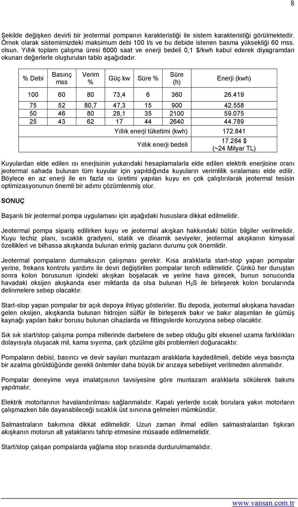 Yıllık toplam çalışma üresi 6000 saat ve enerji bedeli 0,1 $/kwh kabul ederek diyagramdan okunan değerlerle oluşturulan tablo aşağıdadır.