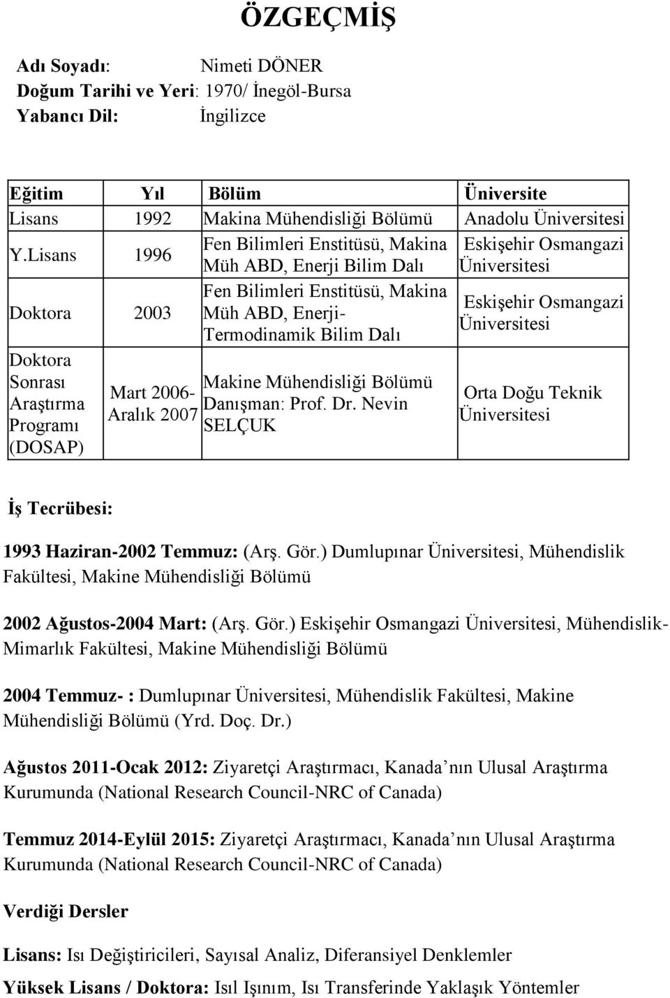 Termodinamik Bilim Dalı Doktora Sonrası Araştırma Programı (DOSAP) Makine Mühendisliği Bölümü Mart 2006- Danışman: Prof. Dr.