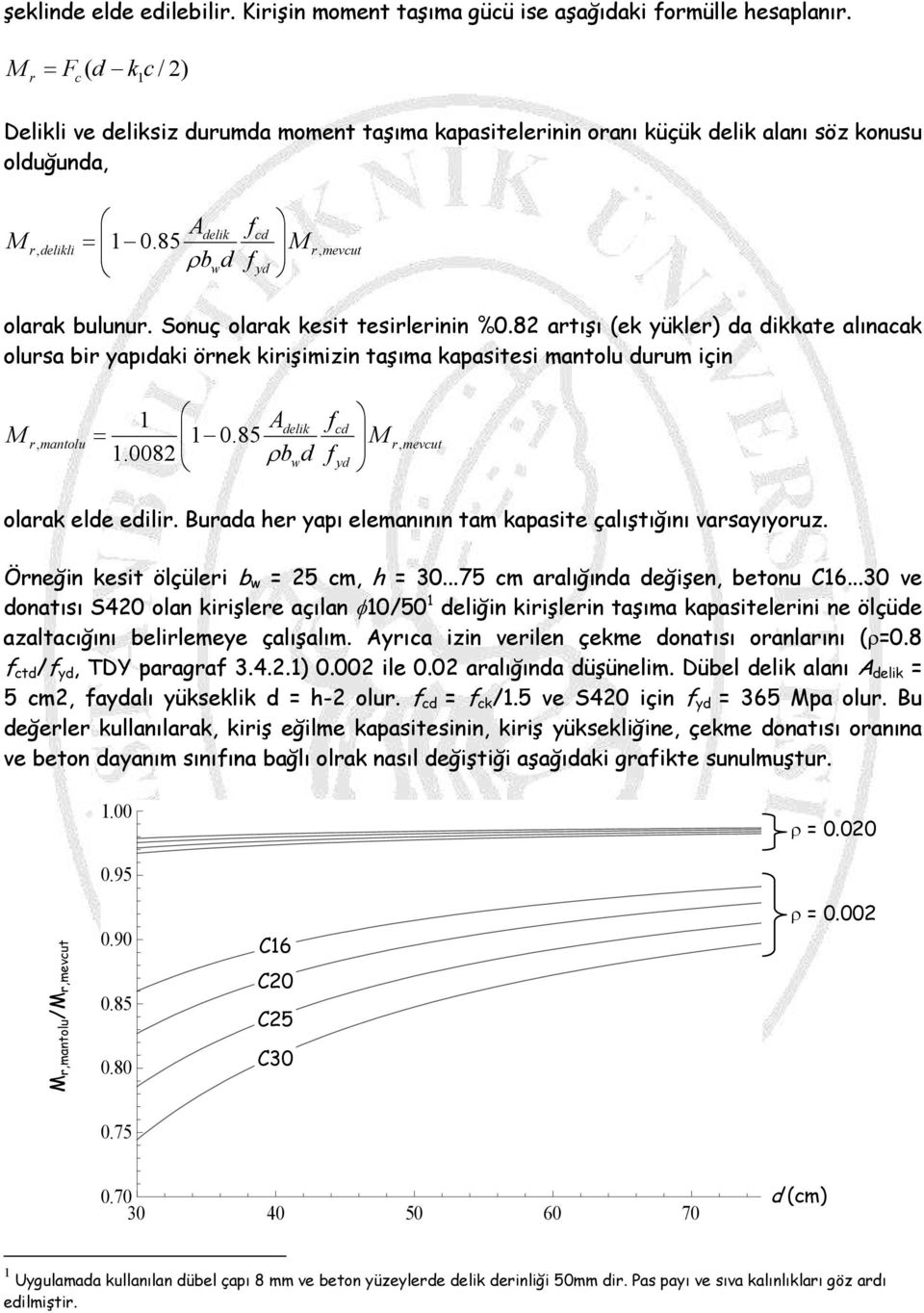 Sonuç olarak kesit tesirlerinin %0.82 artışı (ek yükler) da dikkate alınacak olursa bir yapıdaki örnek kirişimizin taşıma kapasitesi mantolu durum için M = 1 A 1 0.85 delik cd r, mantolu r, 1.