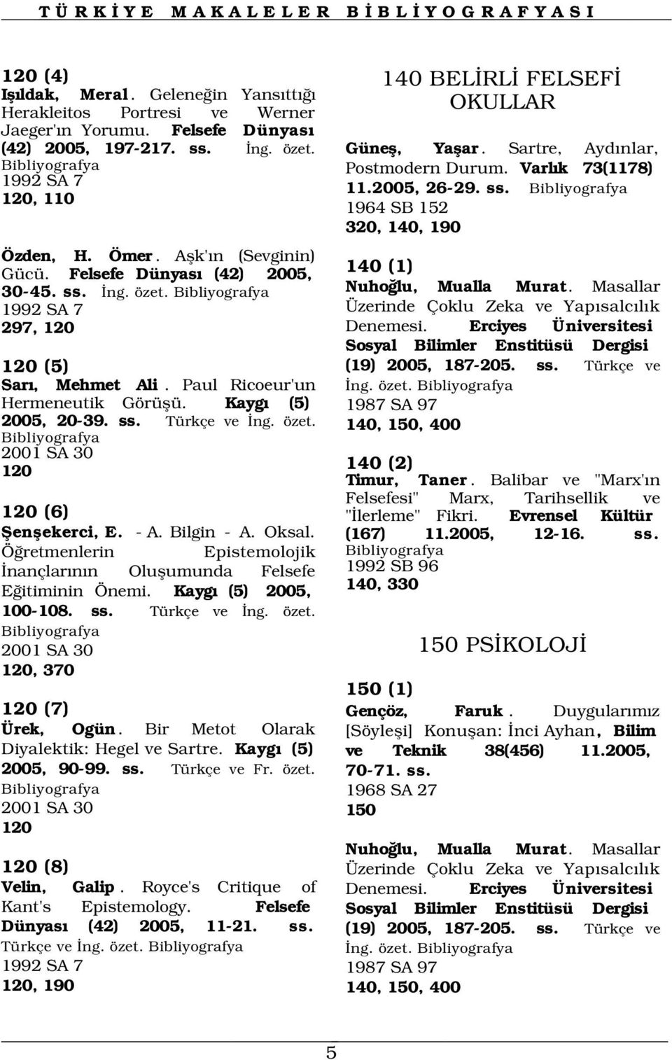 özet. 2001 SA 30 120 Günefl, Yaflar. Sartre, Ayd nlar, Postmodern Durum. Varl k 73(1178) 11.2005, 26-29. ss. 1964 SB 152 320, 140, 190 140 (1) Nuho lu, Mualla Murat.