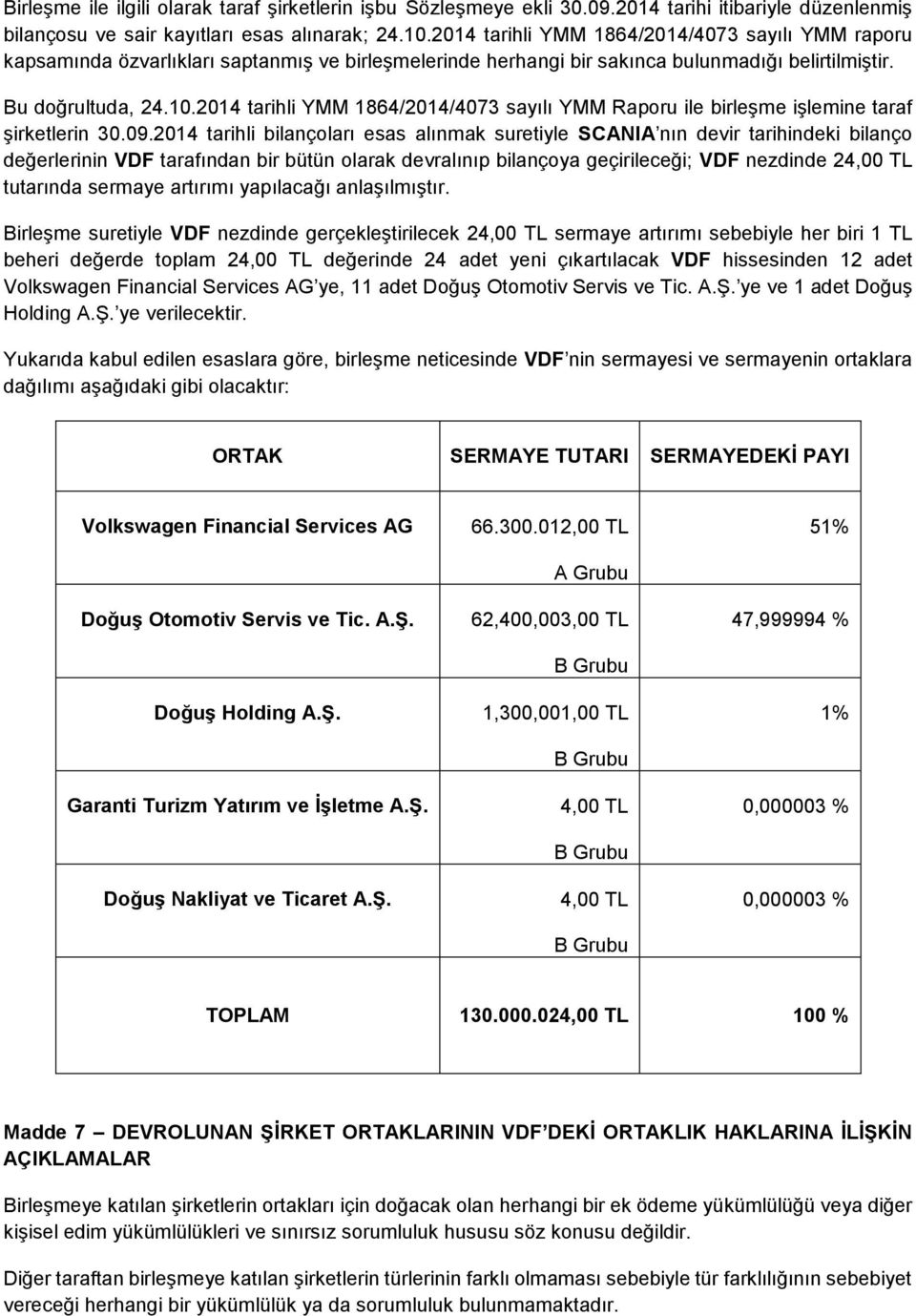 2014 tarihli YMM 1864/2014/4073 sayılı YMM Raporu ile birleşme işlemine taraf şirketlerin 30.09.