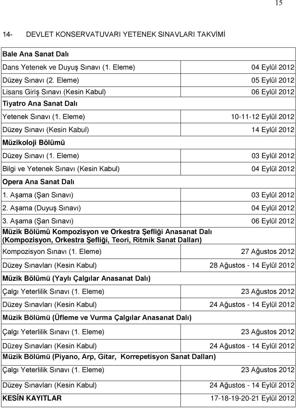 Eleme) 10-11-12 Eylül 2012 Düzey Sınavı (Kesin Kabul) 14 Eylül 2012 Müzikoloji Bölümü Düzey Sınavı (1. Eleme) 03 Eylül 2012 Bilgi ve Yetenek Sınavı (Kesin Kabul) 04 Eylül 2012 Opera Ana Sanat Dalı 1.