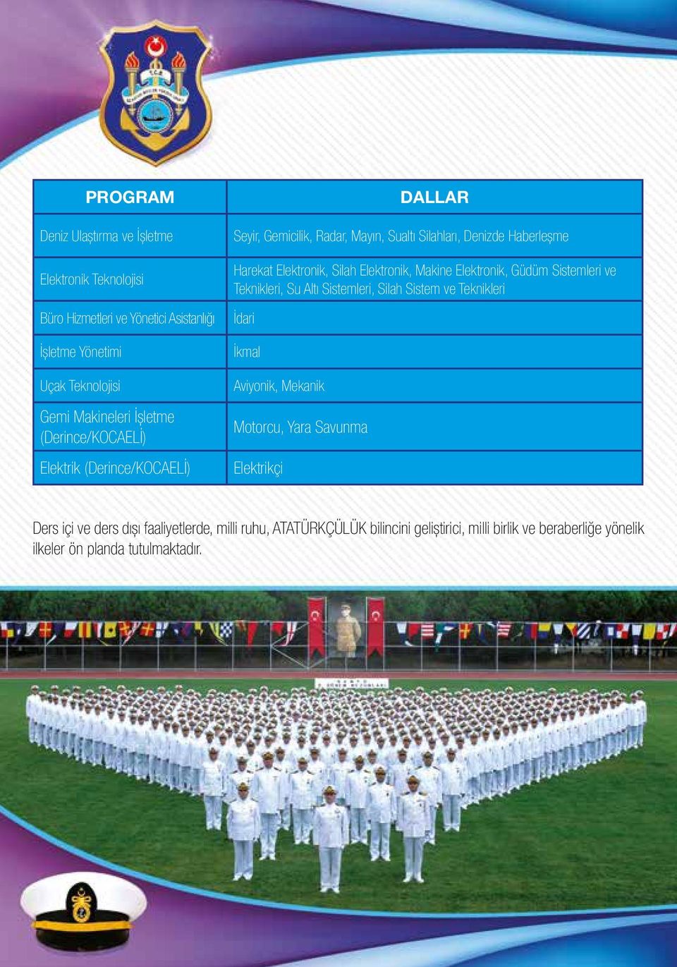 Elektronik, Makine Elektronik, Güdüm Sistemleri ve Teknikleri, Su Altı Sistemleri, Silah Sistem ve Teknikleri İdari İkmal Aviyonik, Mekanik Motorcu, Yara