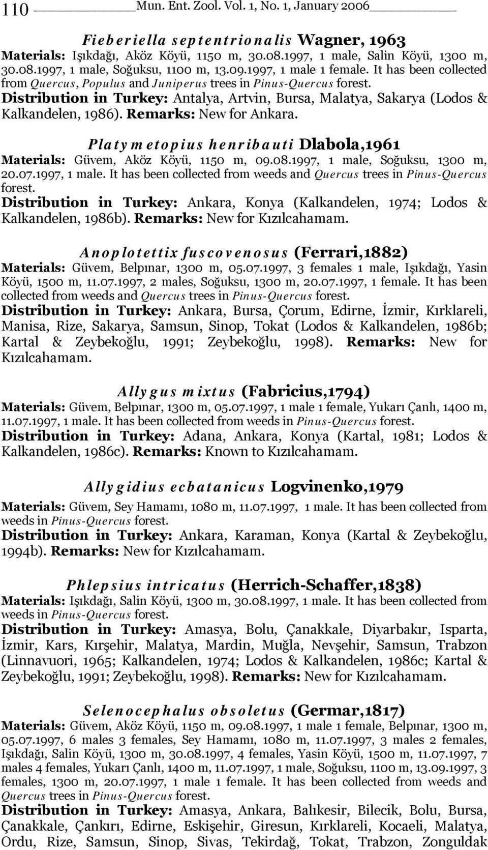 Remarks: New for Ankara. Platymetopius henribauti Dlabola,1961 Materials: Güvem, Aköz Köyü, 1150 m, 09.08.1997, 1 male, Soğuksu, 1300 m, 20.07.1997, 1 male. It has been collected from weeds and Quercus trees in Pinus-Quercus forest.