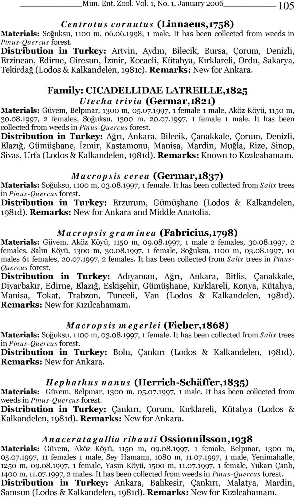 (Lodos & Kalkandelen, 1981c). Remarks: New for Ankara. Family: CICADELLIDAE LATREILLE,1825 Utecha trivia (Germar,1821) Materials: Güvem, Belpınar, 1300 m, 05.07.