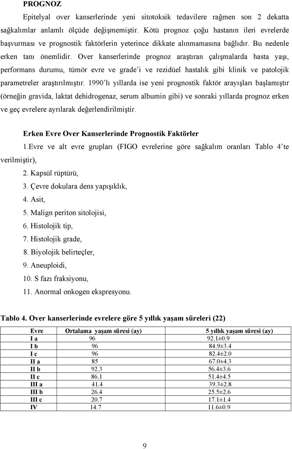 Over kanserlerinde prognoz araştıran çalışmalarda hasta yaşı, performans durumu, tümör evre ve grade i ve rezidüel hastalık gibi klinik ve patolojik parametreler araştırılmıştır.