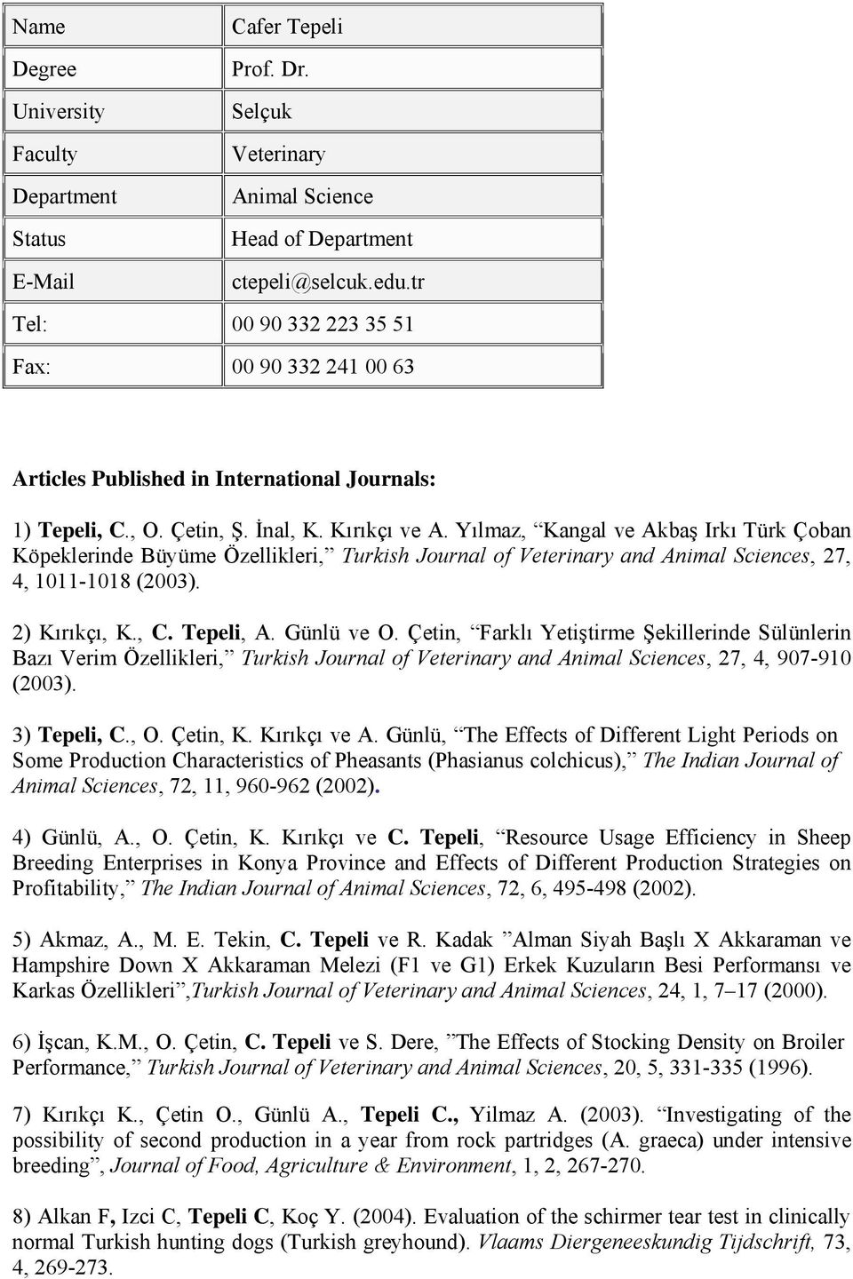 Yılmaz, Kangal ve Akbaş Irkı Türk Çoban Köpeklerinde Büyüme Özellikleri, Turkish Journal of Veterinary and Animal Sciences, 27, 4, 1011-1018 (2003). 2) Kırıkçı, K., C. Tepeli, A. Günlü ve O.