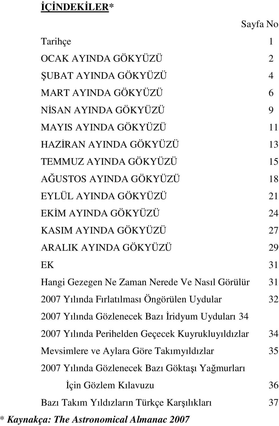 Nasıl Görülür 31 2007 Yılında Fırlatılması Öngörülen Uydular 32 2007 Yılında Gözlenecek Bazı İridyum Uyduları 34 2007 Yılında Perihelden Geçecek Kuyrukluyıldızlar 34 Mevsimlere ve