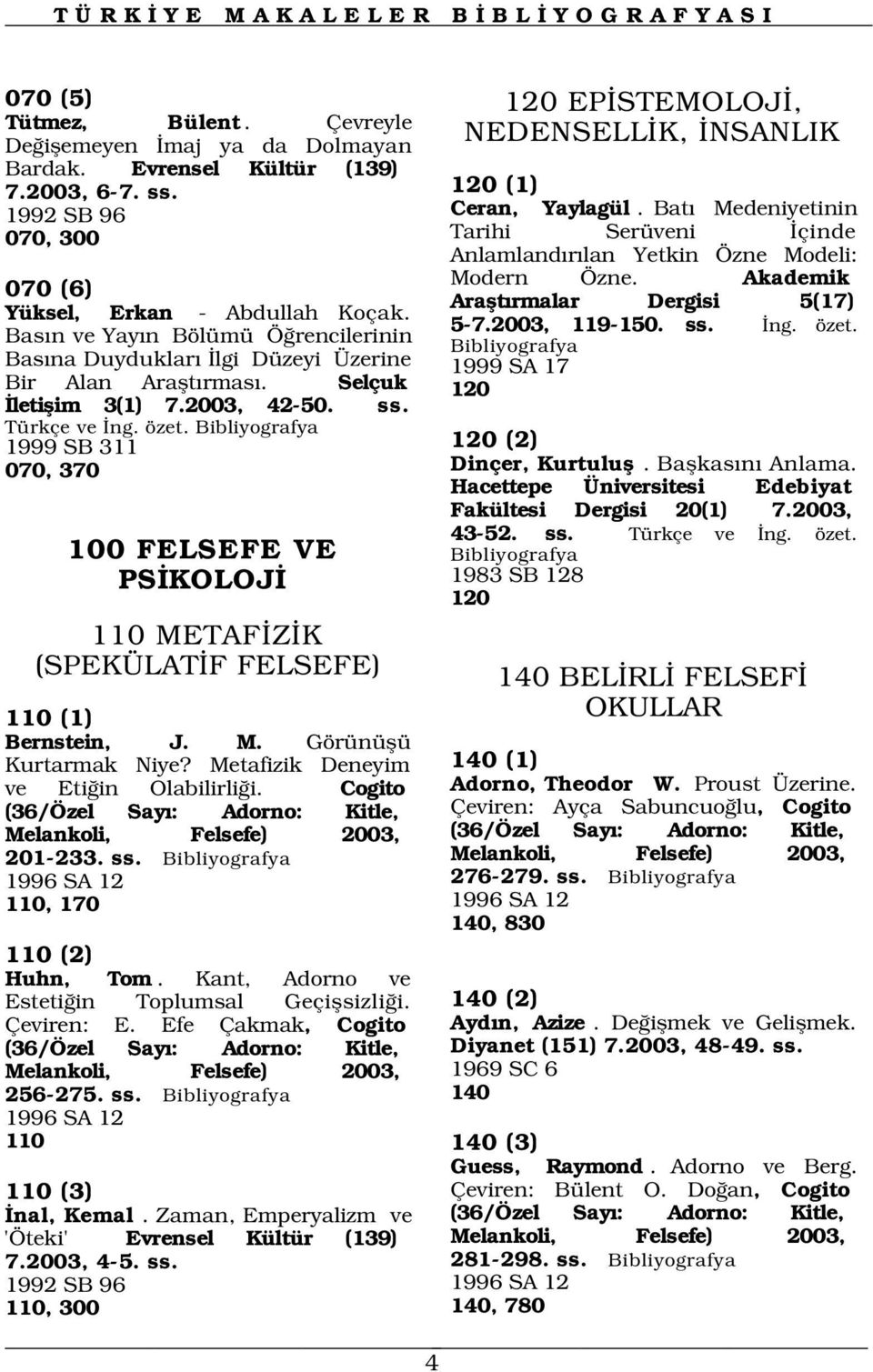 ss. Türkçe ve ng. özet. 1999 SB 311 070, 370 100 FELSEFE VE Ceran, Yaylagül. Bat Medeniyetinin Tarihi Serüveni çinde Anlamland r lan Yetkin Özne Modeli: Modern Özne.