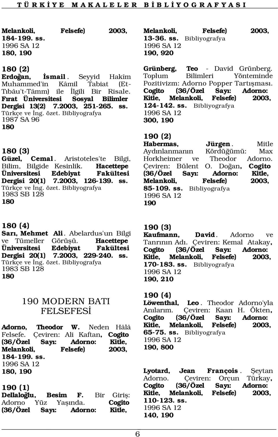 Cogito (36/Özel Say : Adorno: F rat Üniversitesi Sosyal Bilimler Kitle, Melankoli, Felsefe) 2003, Dergisi 13(2) 7.2003, 251-265. ss. 124-142. ss. Türkçe ve ng. özet.