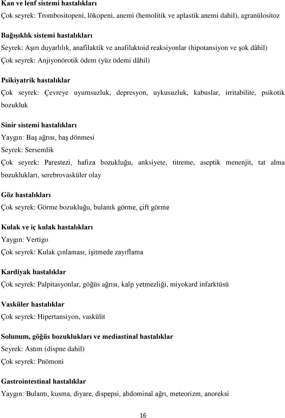 irritabilite, psikotik bozukluk Sinir sistemi hastalıkları Yaygın: Baş ağrısı, baş dönmesi Seyrek: Sersemlik Çok seyrek: Parestezi, hafıza bozukluğu, anksiyete, titreme, aseptik menenjit, tat alma