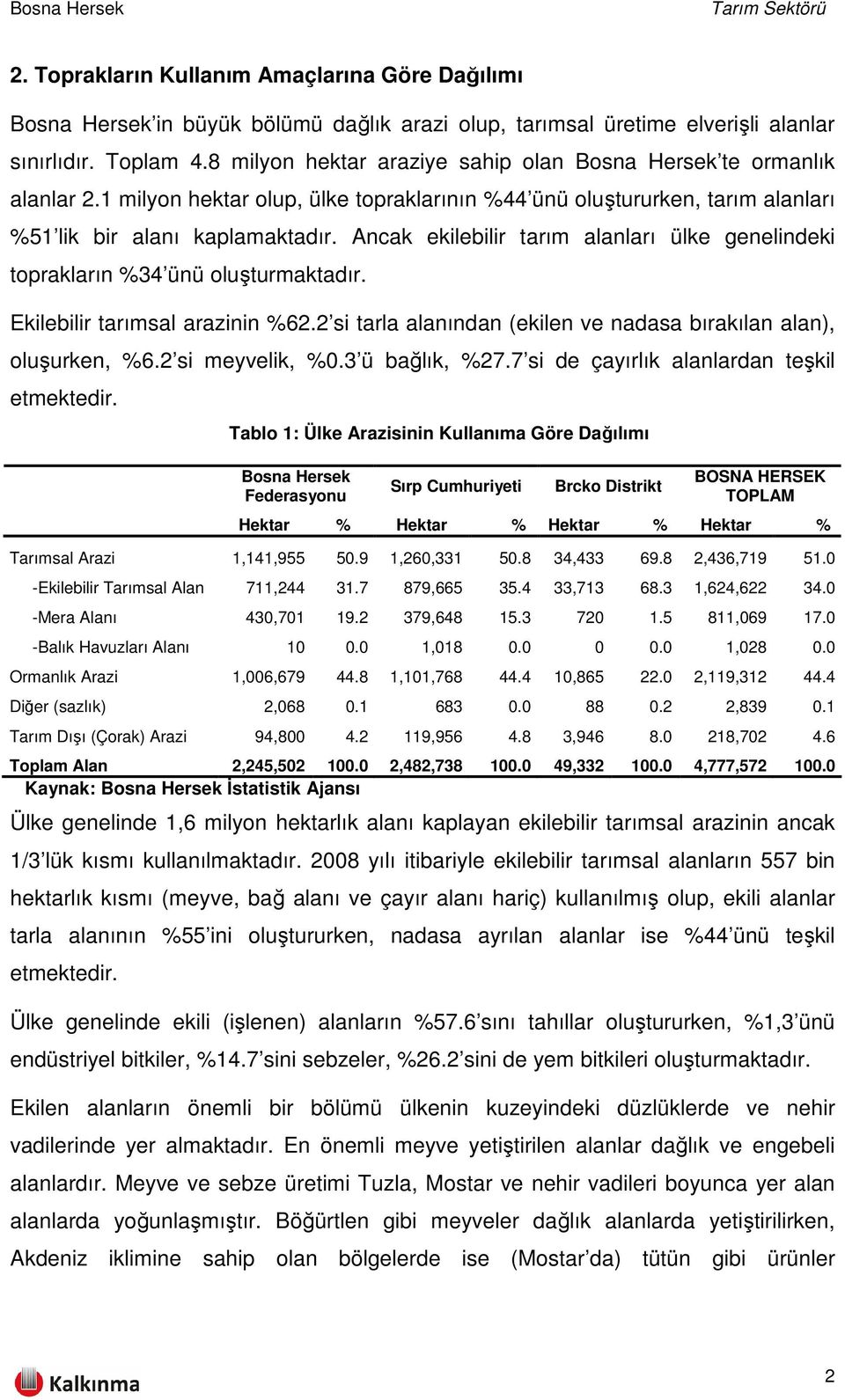 Ancak ekilebilir tarım alanları ülke genelindeki toprakların %34 ünü oluşturmaktadır. Ekilebilir tarımsal arazinin %62.2 si tarla alanından (ekilen ve nadasa bırakılan alan), oluşurken, %6.